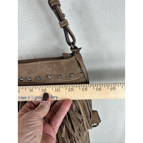 Michael Kors Billy Fringe Boho Crossbody Bag Taupe Suede Studded Western Style - Picture 8 of 16